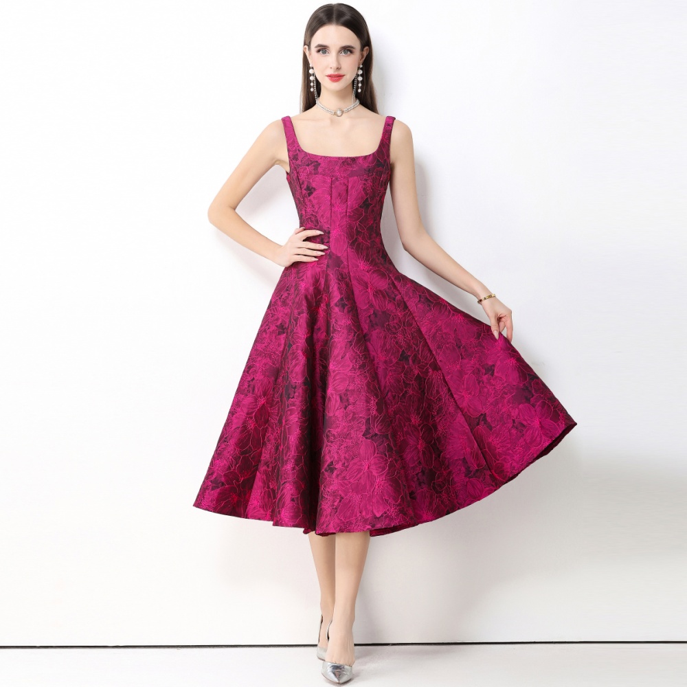 Big skirt jacquard long dress pinched waist dress for women
