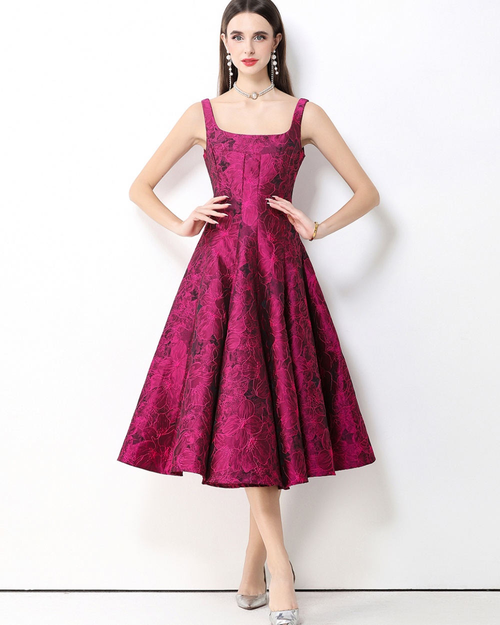 Big skirt jacquard long dress pinched waist dress for women