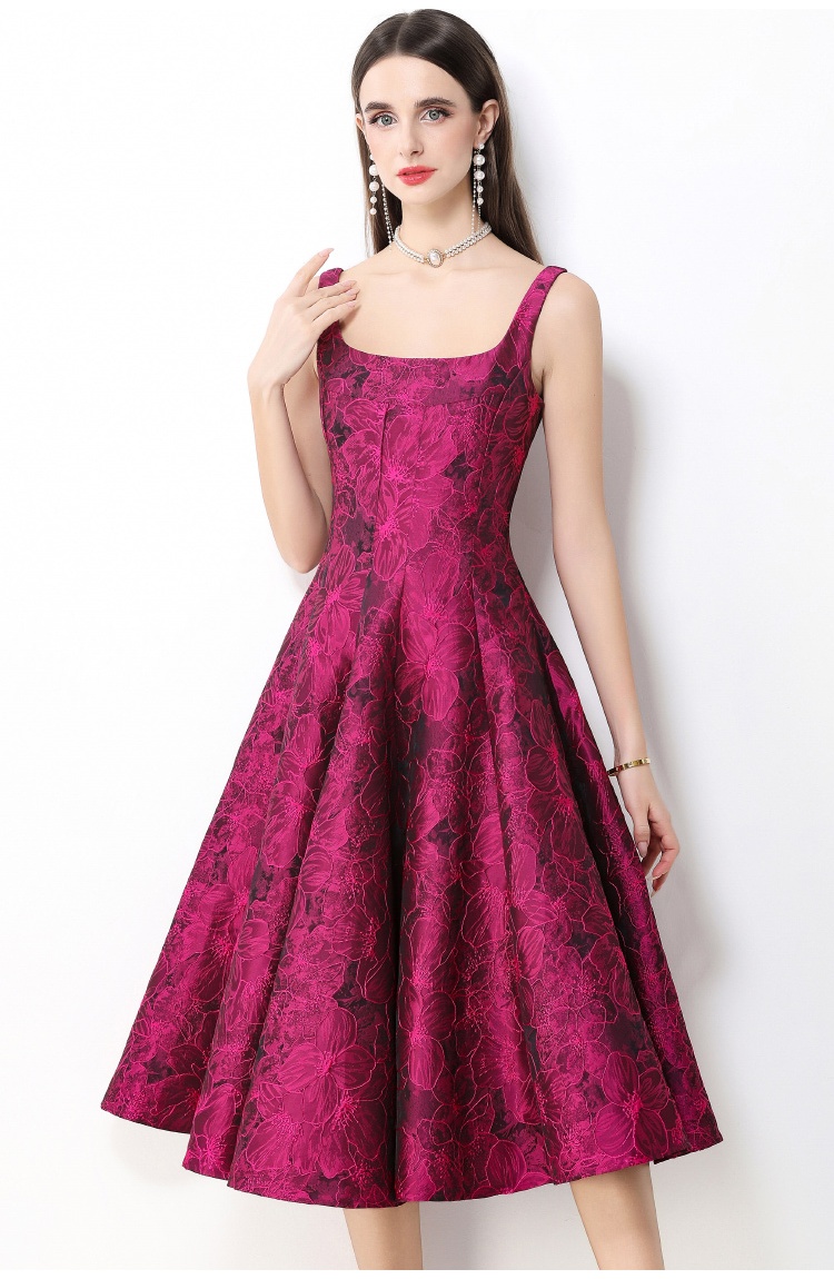 Big skirt jacquard long dress pinched waist dress for women