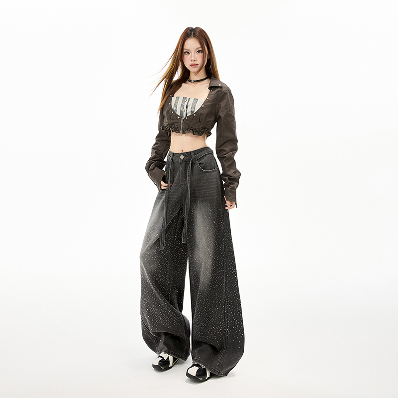Lengthen slim wide leg pants drawstring jeans