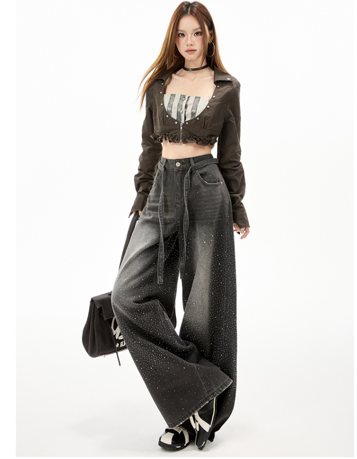 Lengthen slim wide leg pants drawstring jeans