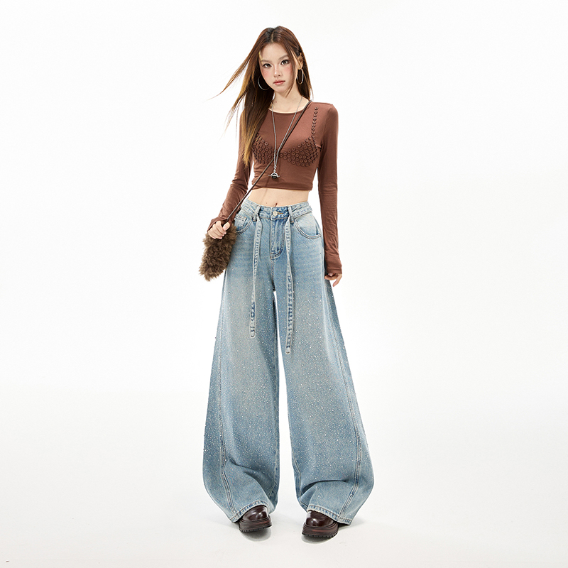 Lengthen slim wide leg pants drawstring jeans