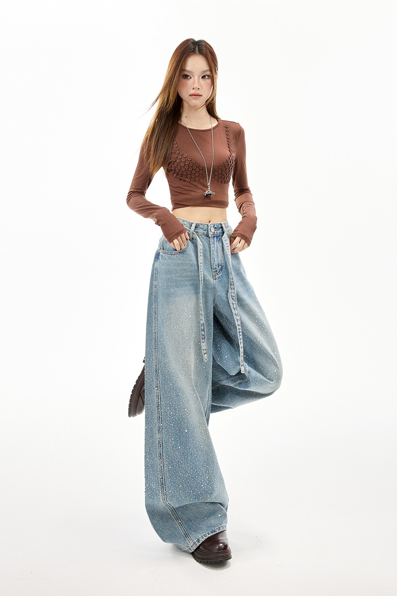 Lengthen slim wide leg pants drawstring jeans