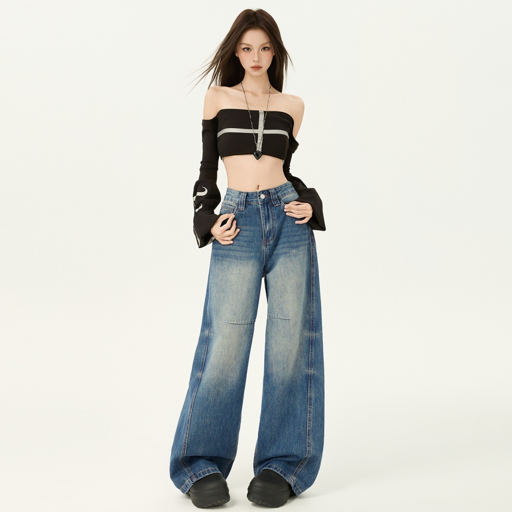 Wide leg retro mopping high waist spring jeans for women