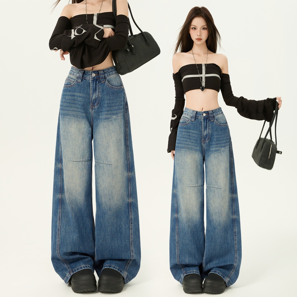 Wide leg retro mopping high waist spring jeans for women