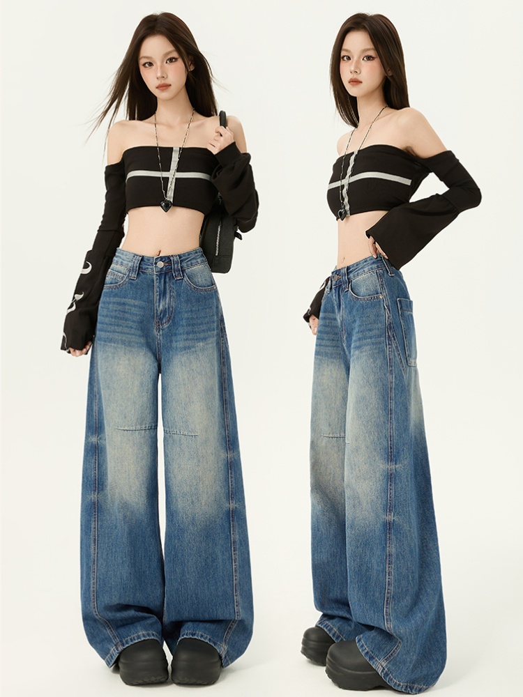Wide leg retro mopping high waist spring jeans for women