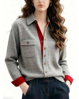 Plaid mixed colors cardigan slim winter tops for women