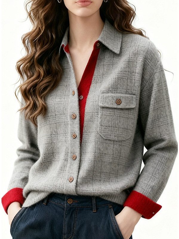 Plaid mixed colors cardigan slim winter tops for women