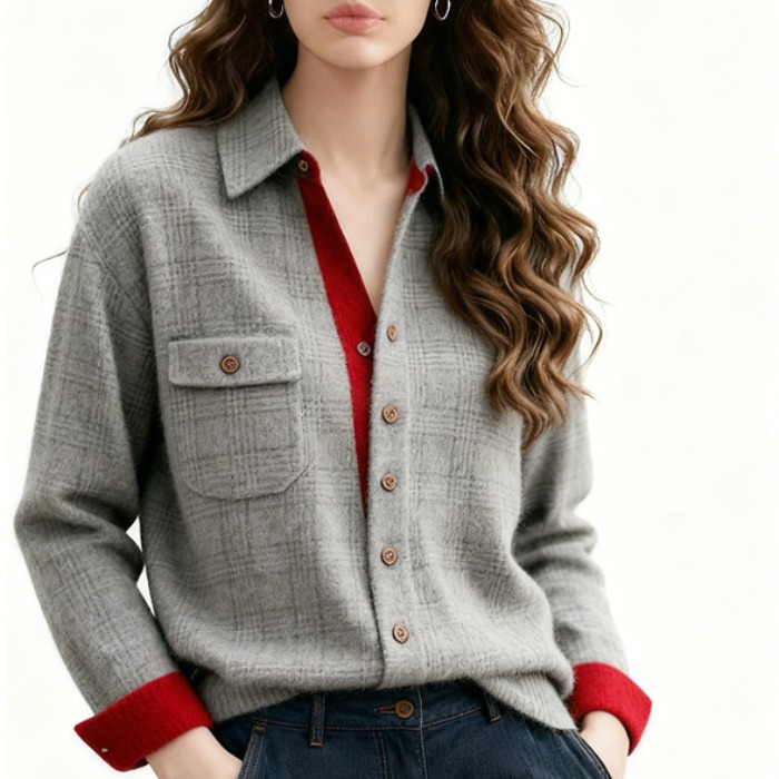 Plaid mixed colors cardigan slim winter tops for women
