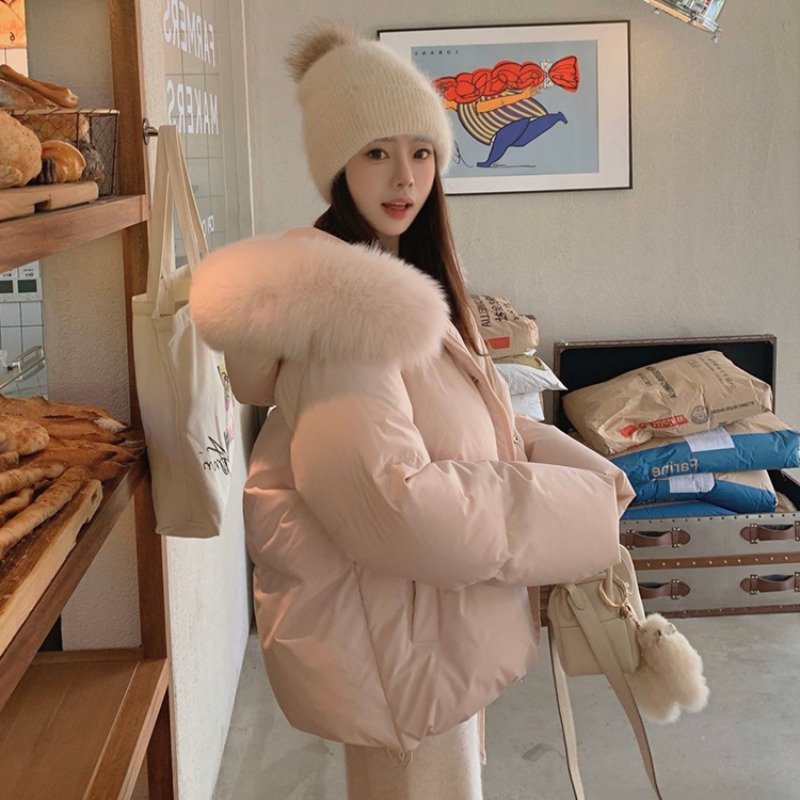 Large fur collar thick down coat pink coat for women