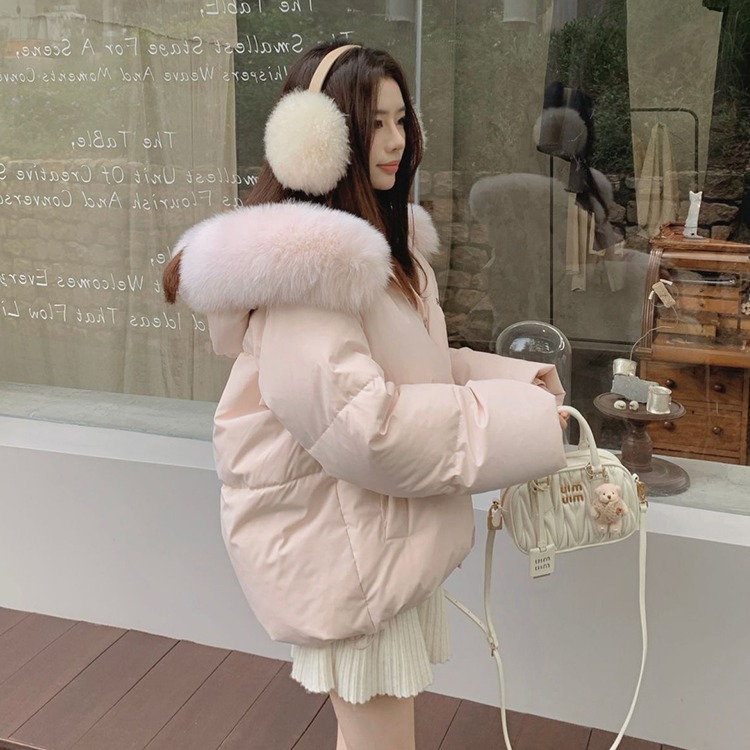 Large fur collar thick down coat pink coat for women