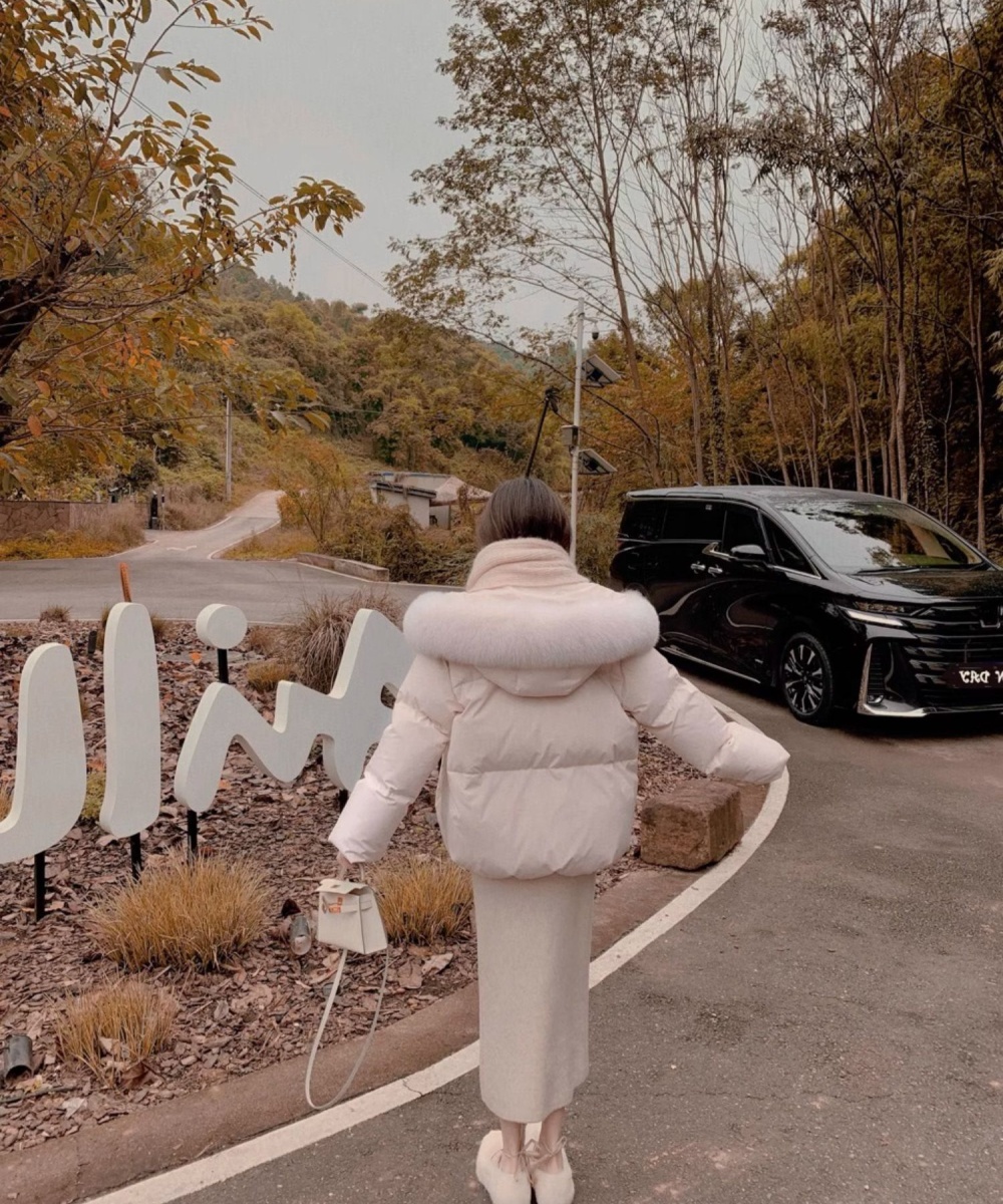 Large fur collar thick down coat pink coat for women