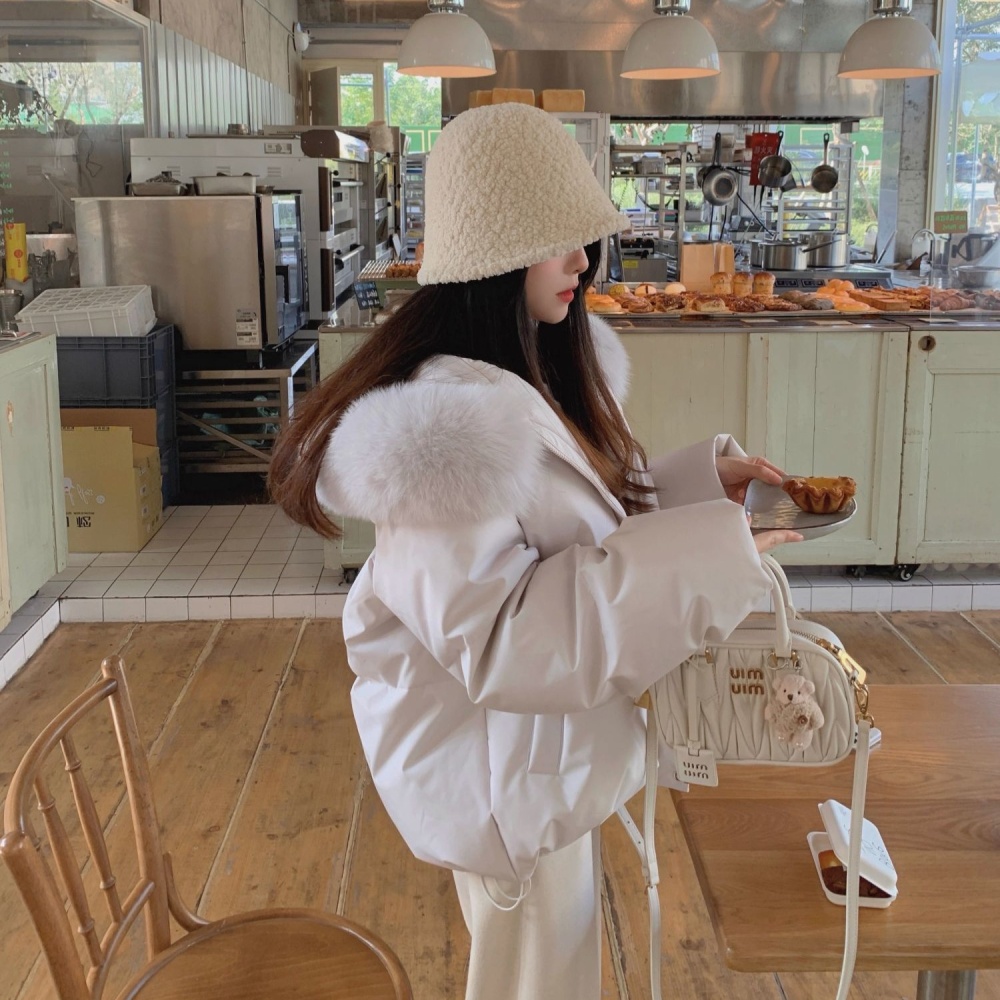 Large fur collar thick down coat pink coat for women