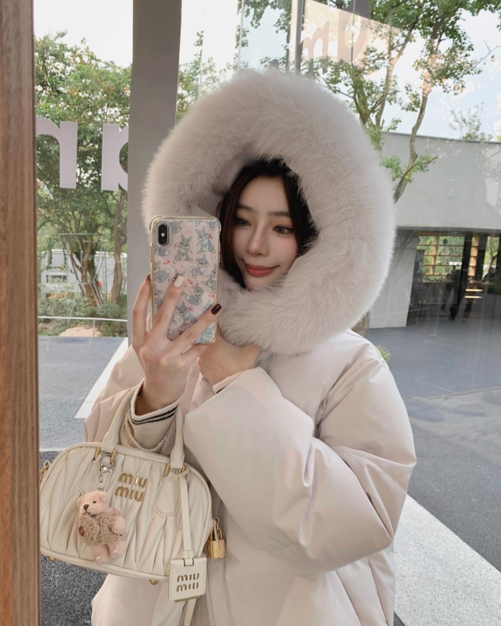 Large fur collar thick down coat pink coat for women