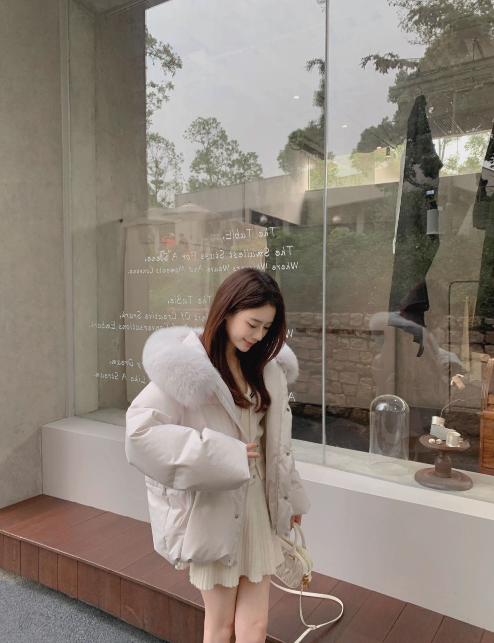 Large fur collar thick down coat pink coat for women