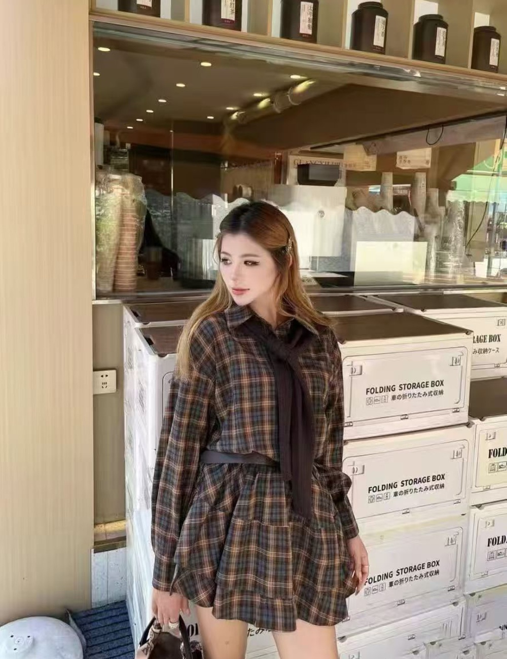 Slim knitted shirt pinched waist dress a set for women