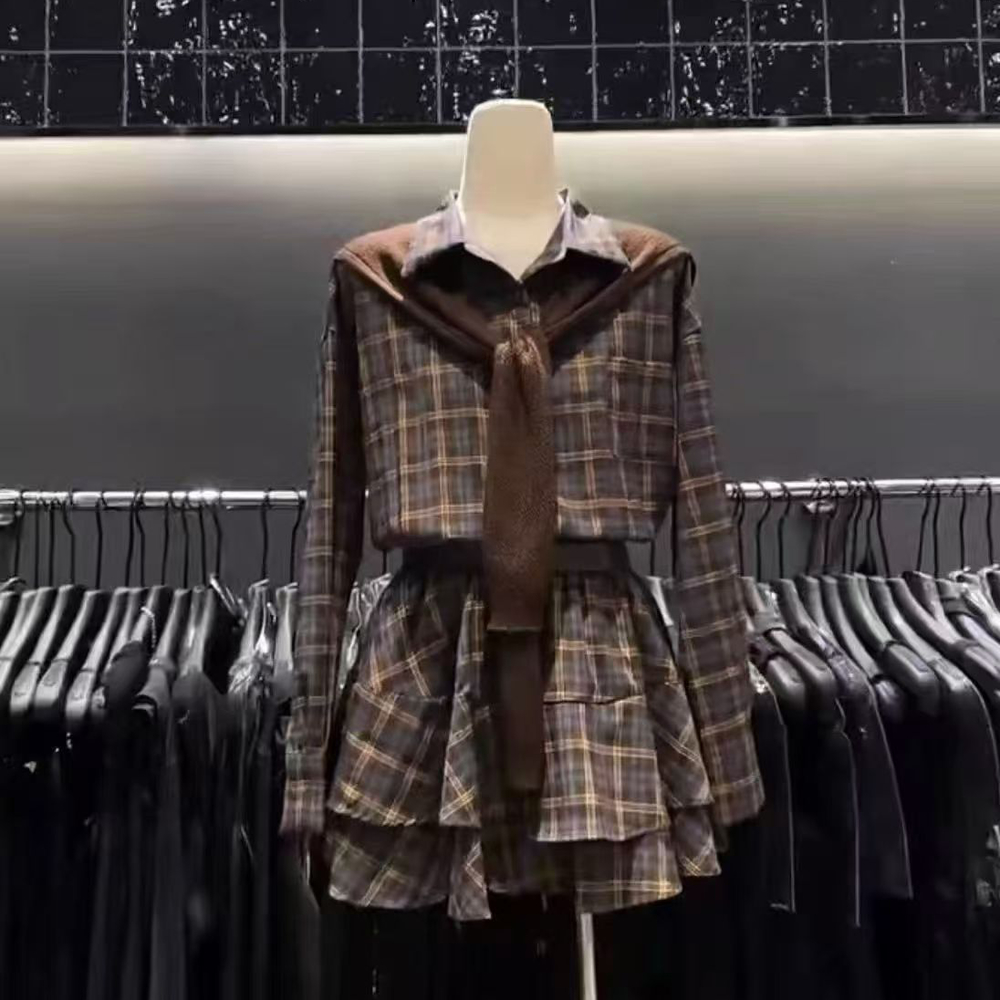 Slim knitted shirt pinched waist dress a set for women