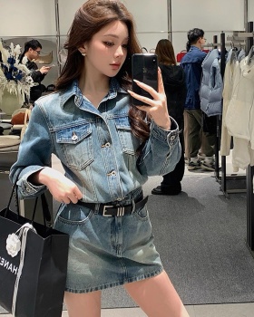 Denim lapel spicegirl T-back long sleeve slim dress