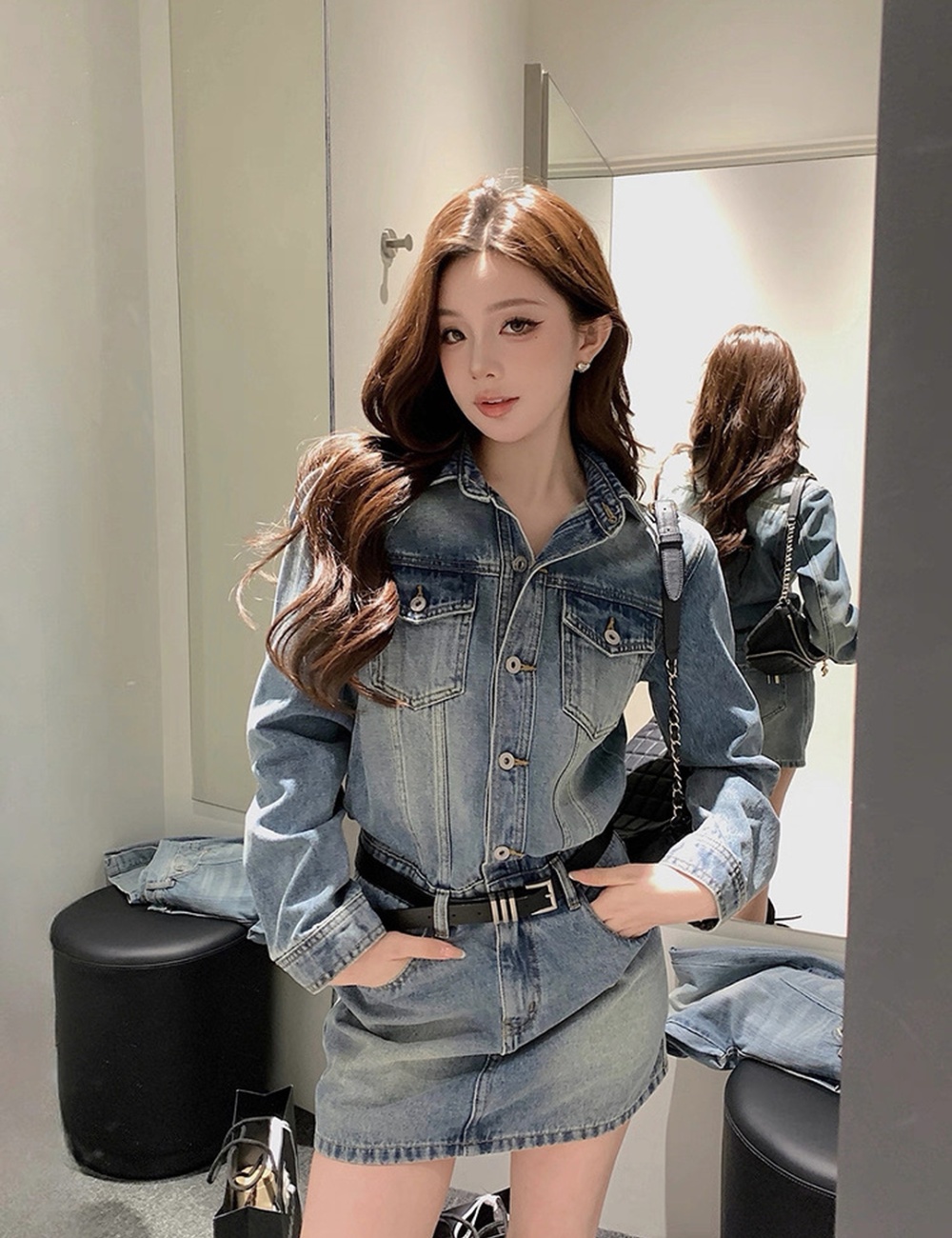Denim lapel spicegirl T-back long sleeve slim dress