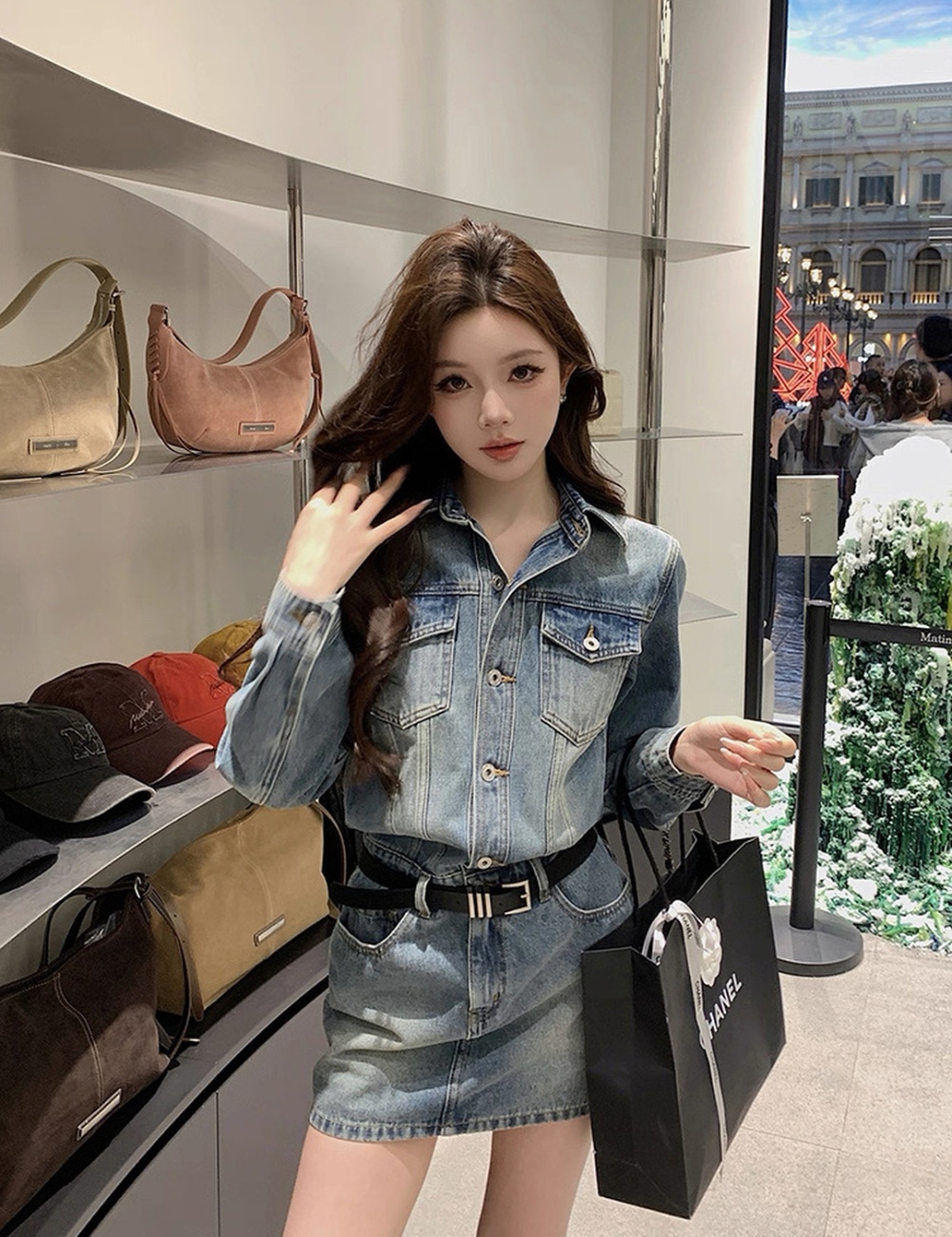 Denim lapel spicegirl T-back long sleeve slim dress