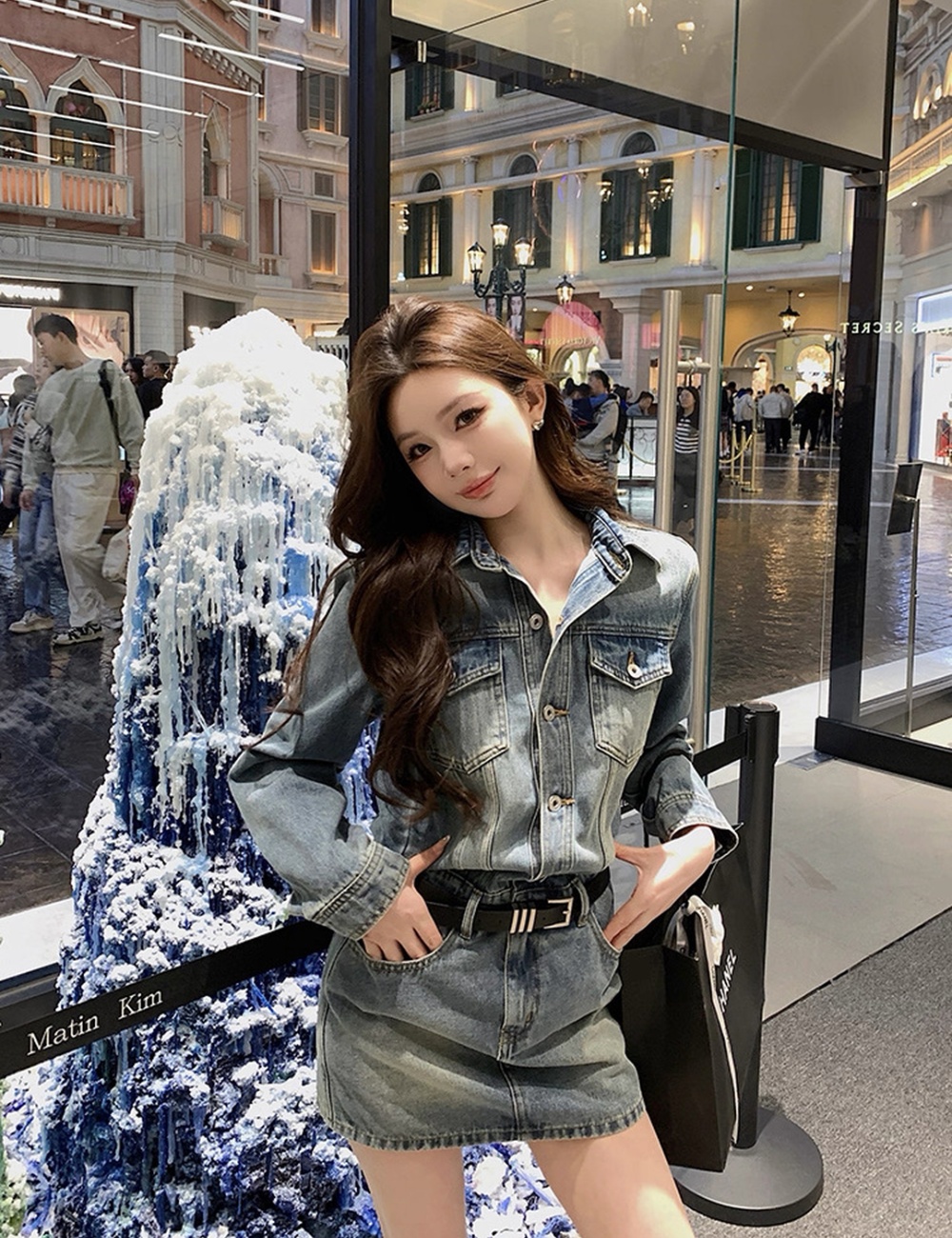 Denim lapel spicegirl T-back long sleeve slim dress