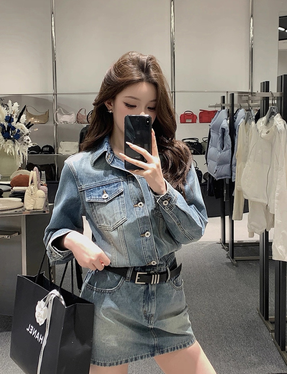 Denim lapel spicegirl T-back long sleeve slim dress