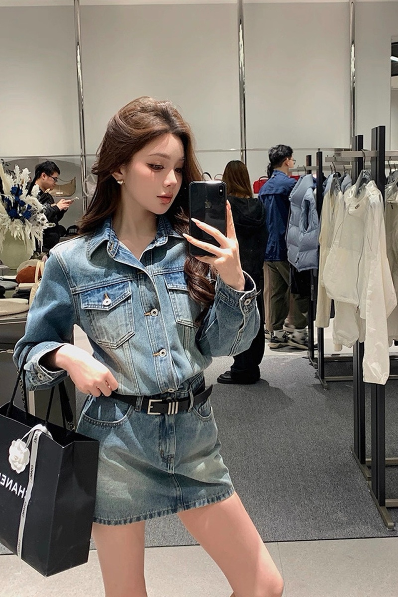 Denim lapel spicegirl T-back long sleeve slim dress