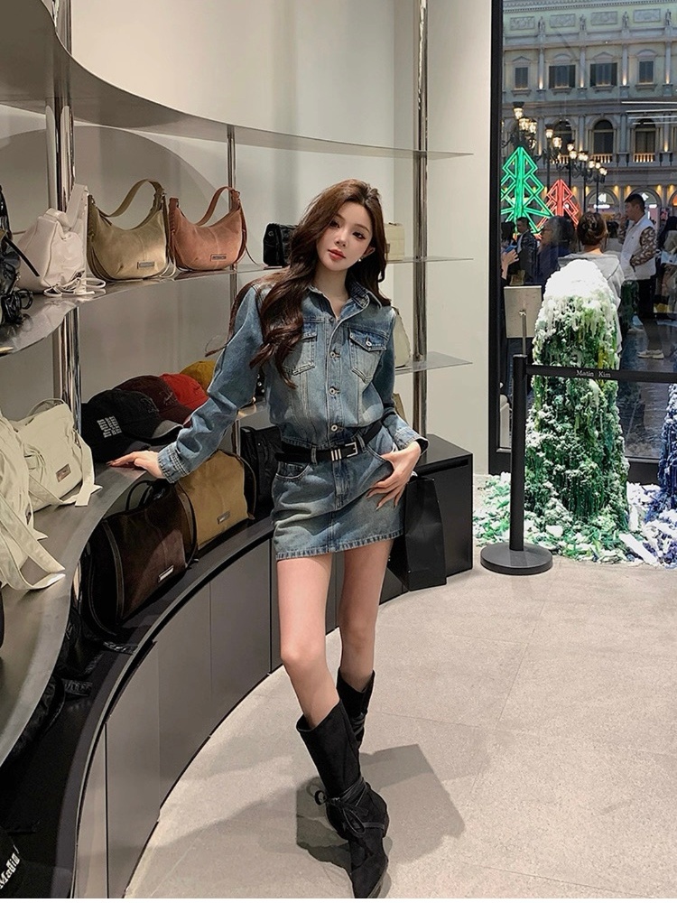 Denim lapel spicegirl T-back long sleeve slim dress