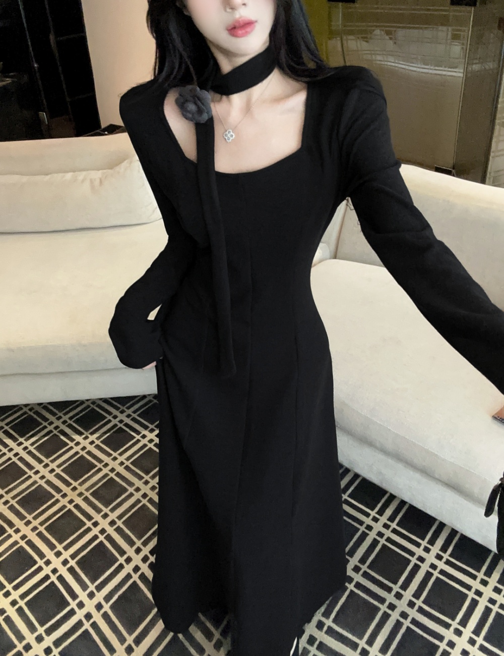 Square collar temperament long dress slim dress for women