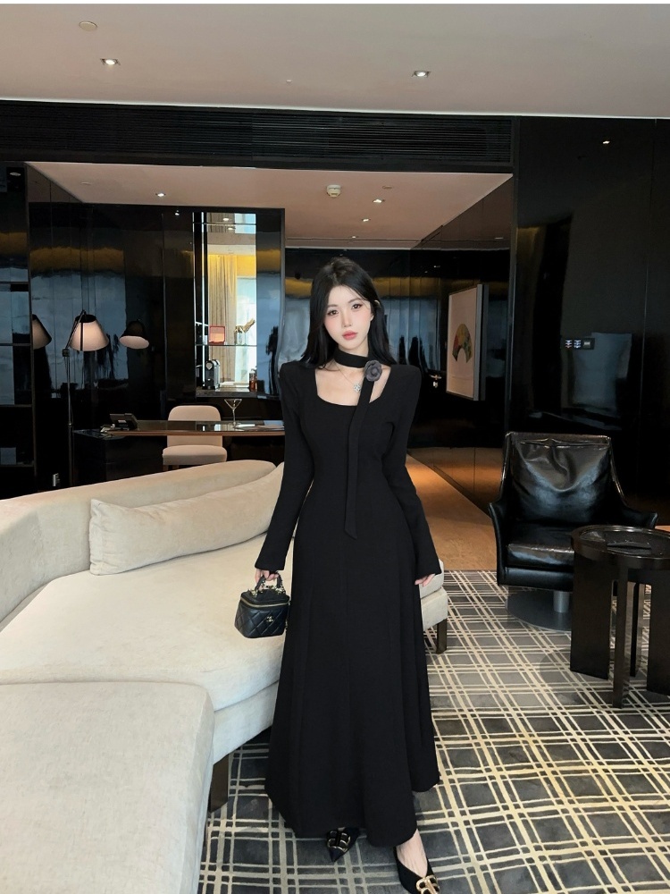 Square collar temperament long dress slim dress for women