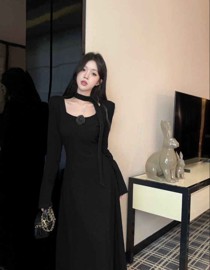 Square collar temperament long dress slim dress for women