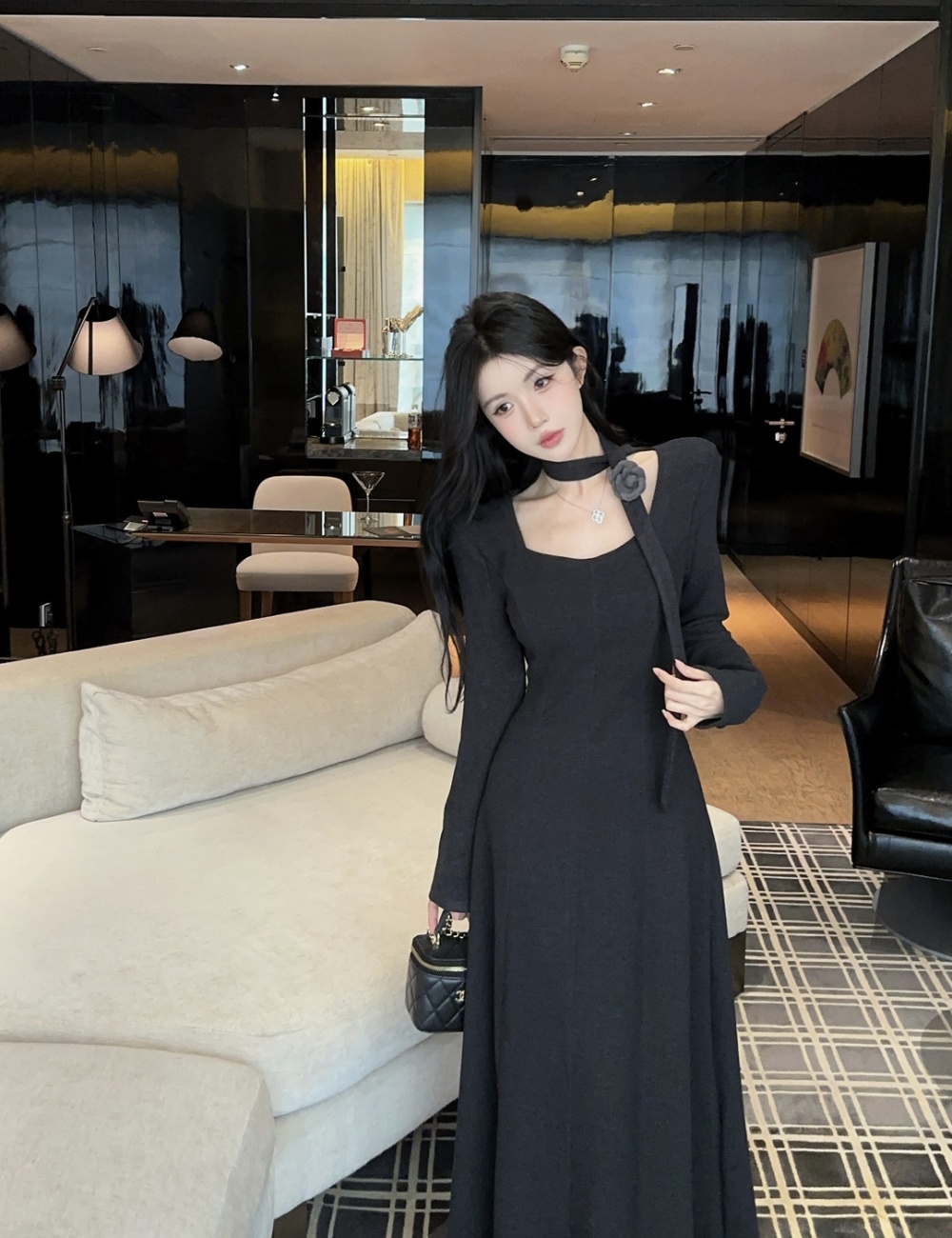 Square collar temperament long dress slim dress for women