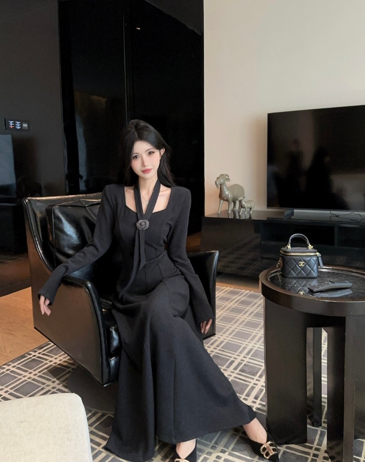 Square collar temperament long dress slim dress for women