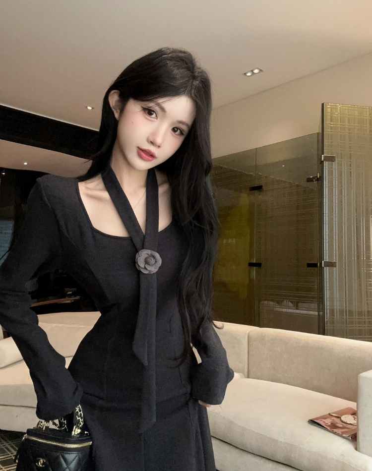 Square collar temperament long dress slim dress for women