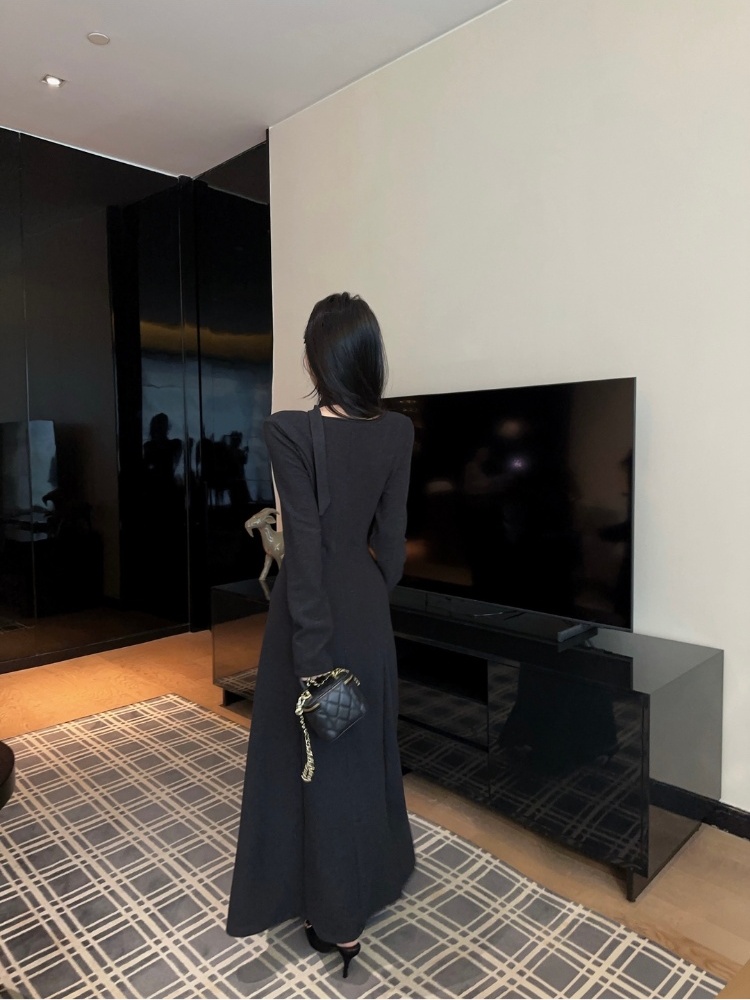 Square collar temperament long dress slim dress for women