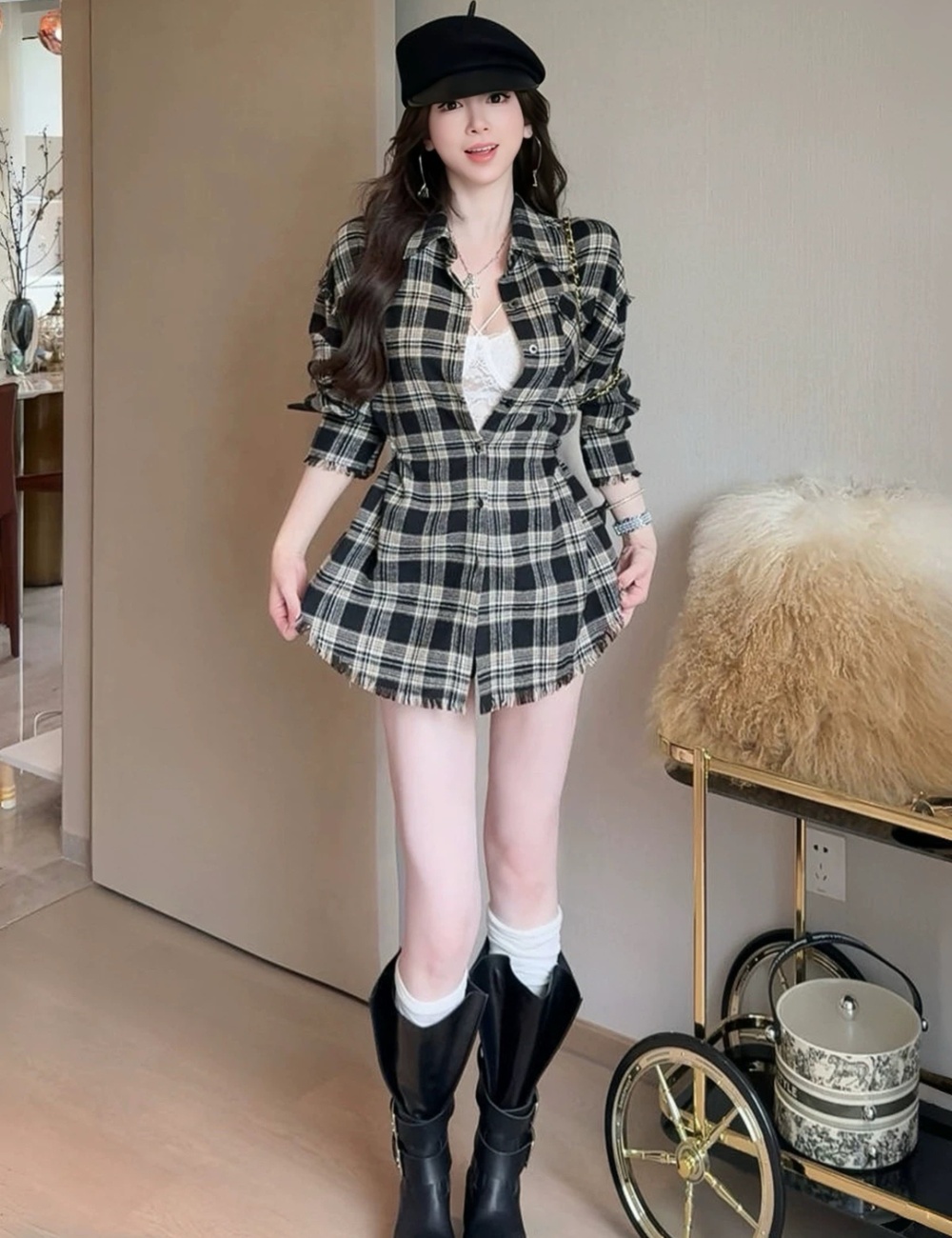 Long pinched waist dress retro shirt for women