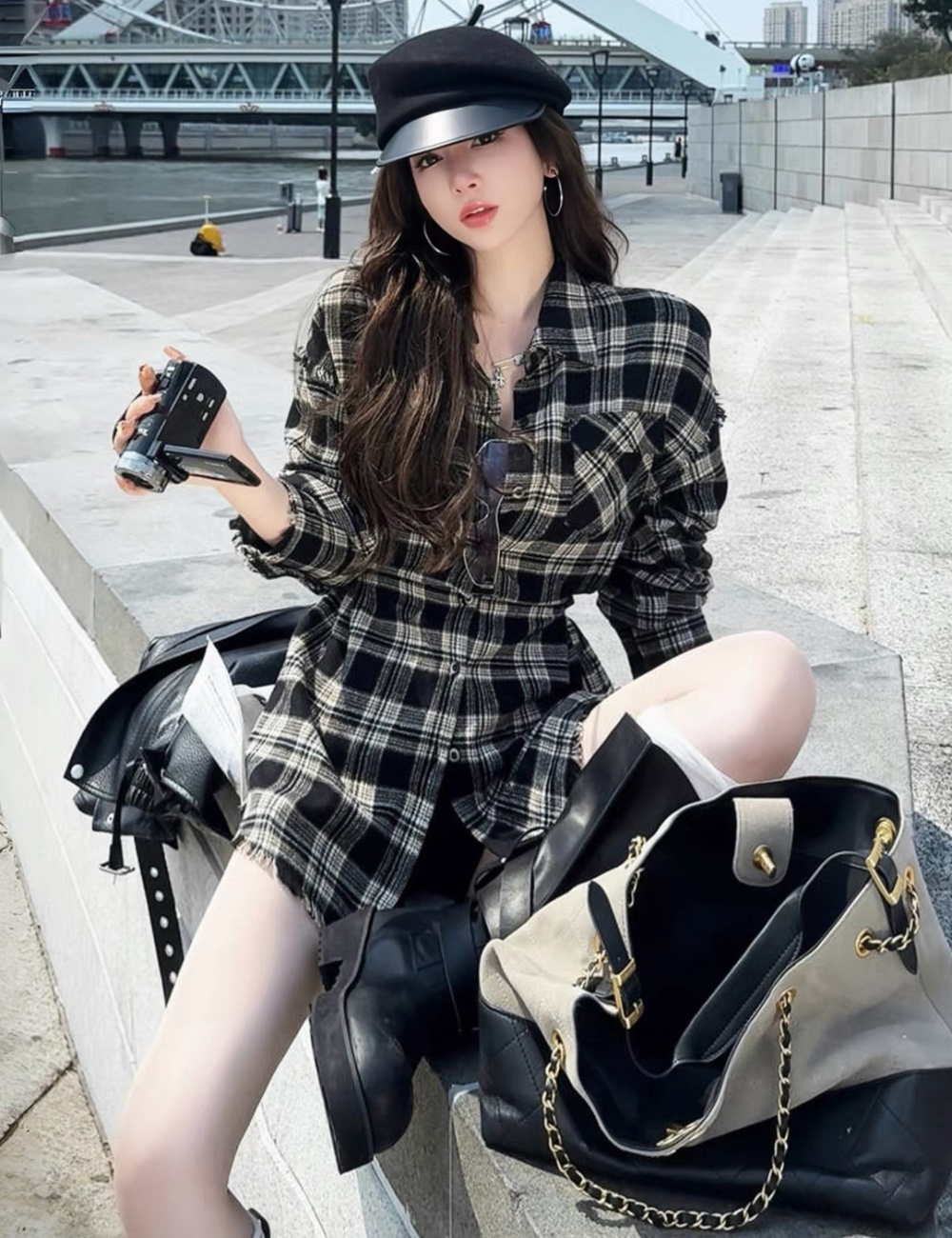 Long pinched waist dress retro shirt for women