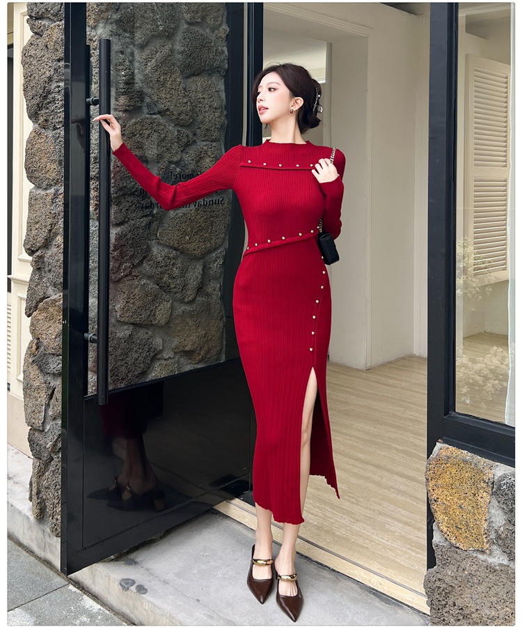 Knitted temperament dress split long dress for women