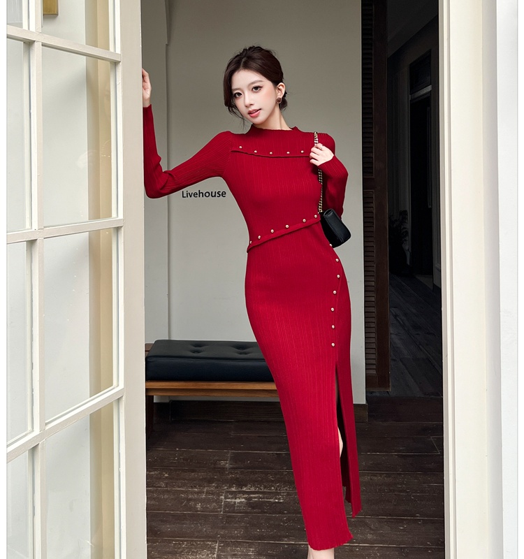 Knitted temperament dress split long dress for women