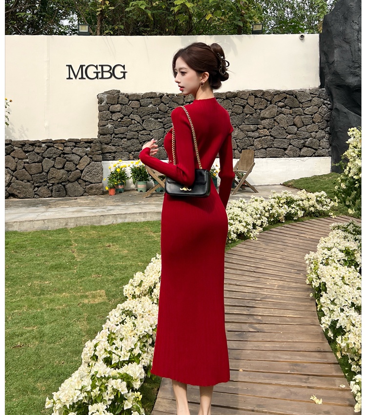 Knitted temperament dress split long dress for women