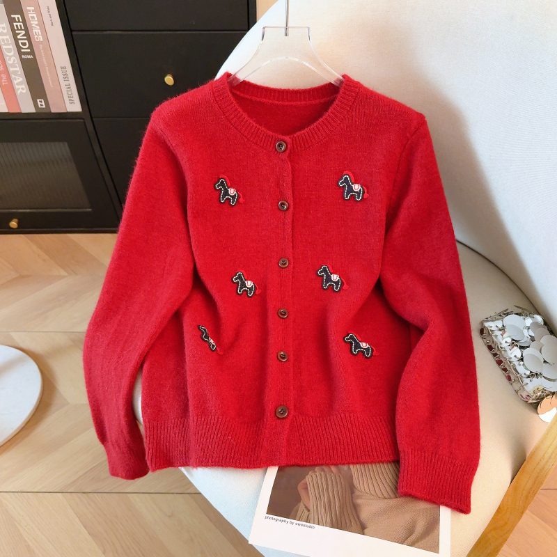 Slim embroidery sweater red coat for women