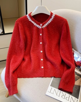 Red wears outside knitted coat spring sequins chanelstyle cardigan