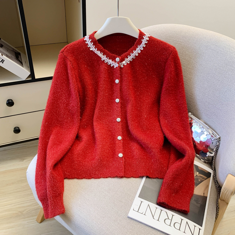 Red wears outside knitted coat spring sequins chanelstyle cardigan