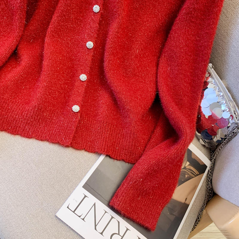 Red wears outside knitted coat spring sequins chanelstyle cardigan