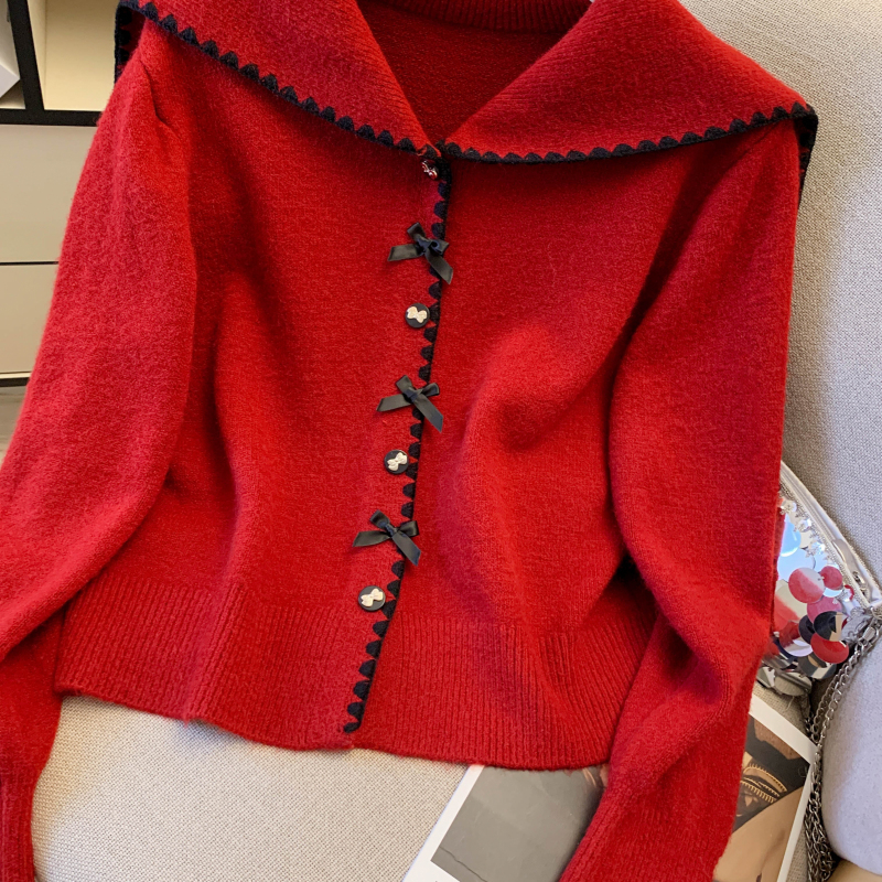 Chanelstyle knitted bow sweater lapel spring coat for women