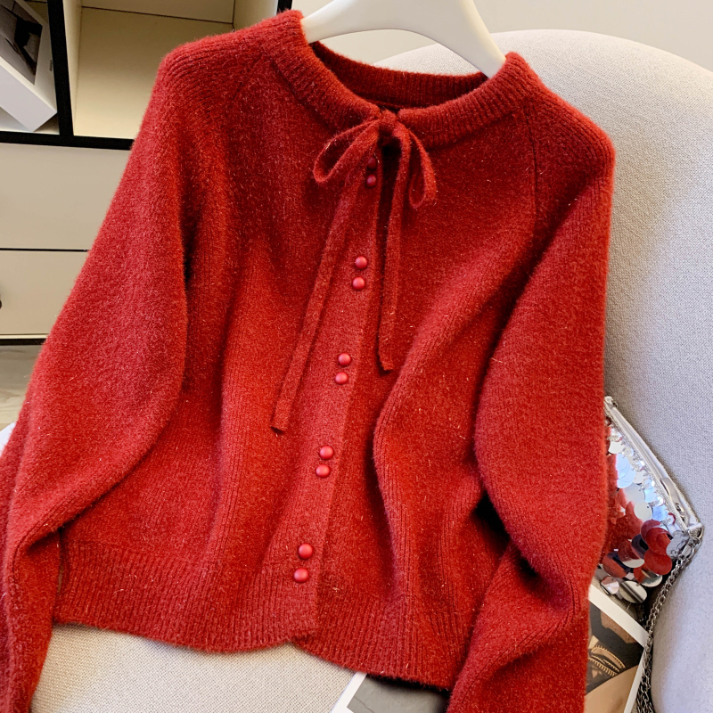 Slim bow cardigan show young Korean style tops for women