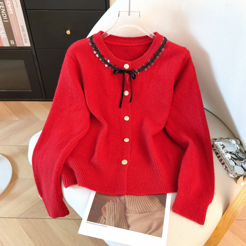 Bow knitted red coat liangsi christmas tops for women