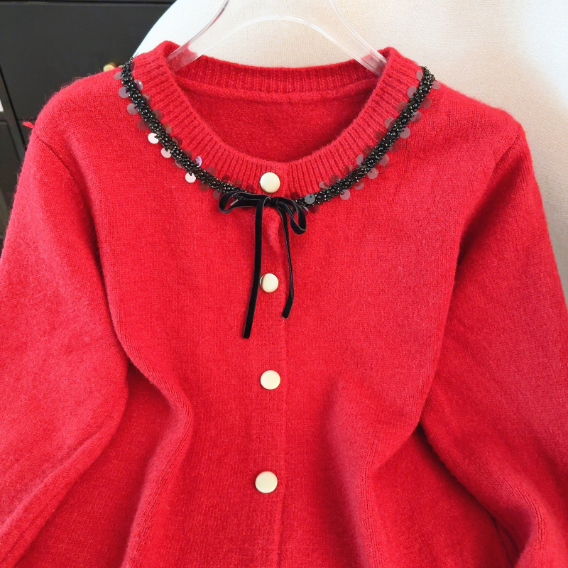 Bow knitted red coat liangsi christmas tops for women