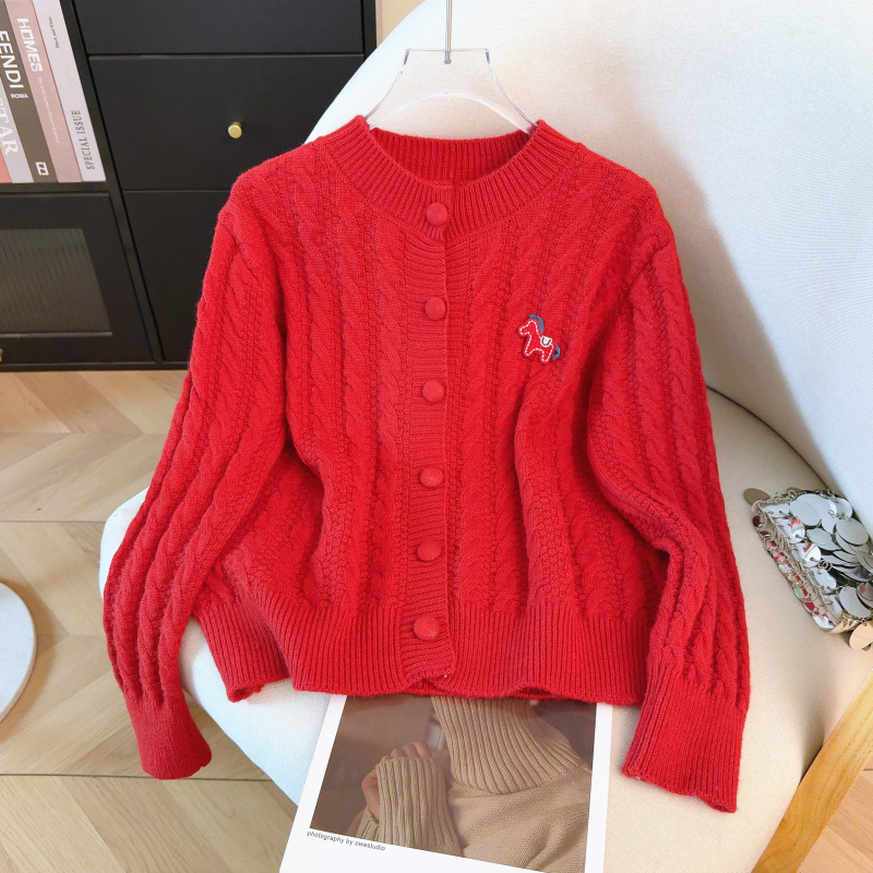 Korean style red spring sweater knitted pony coat