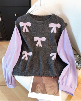 Beading bow lazy sweater long sleeve splice coat for women